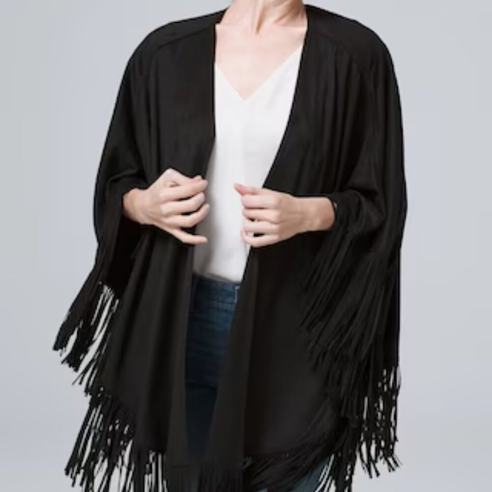 White House Black Market Fringe-Trimmed Faux-Suede Ruana Wrap